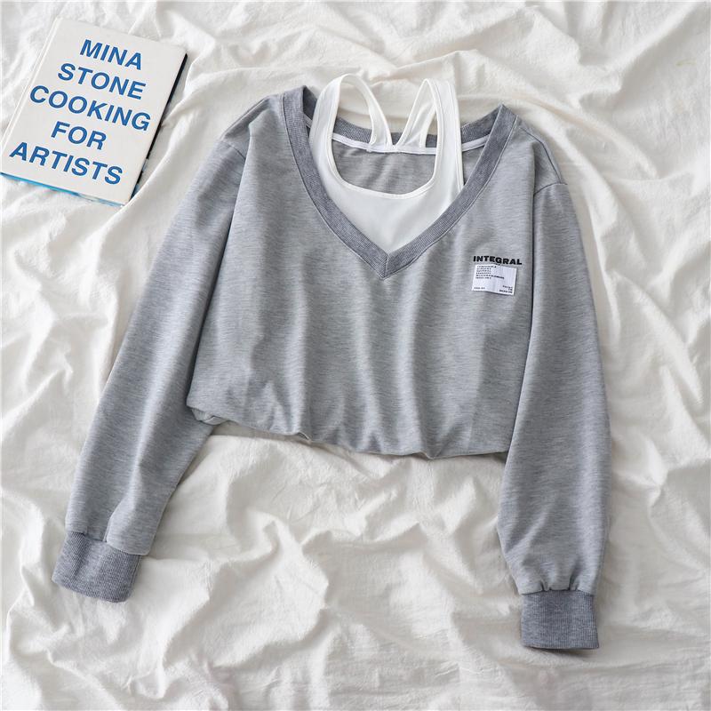 

Корейская мода женские поддельные две части без бретелек укороченный топ в стиле преппи Harajuku Swearshirt свободные повседневные пуловеры блузки 2024 Новинка L серый