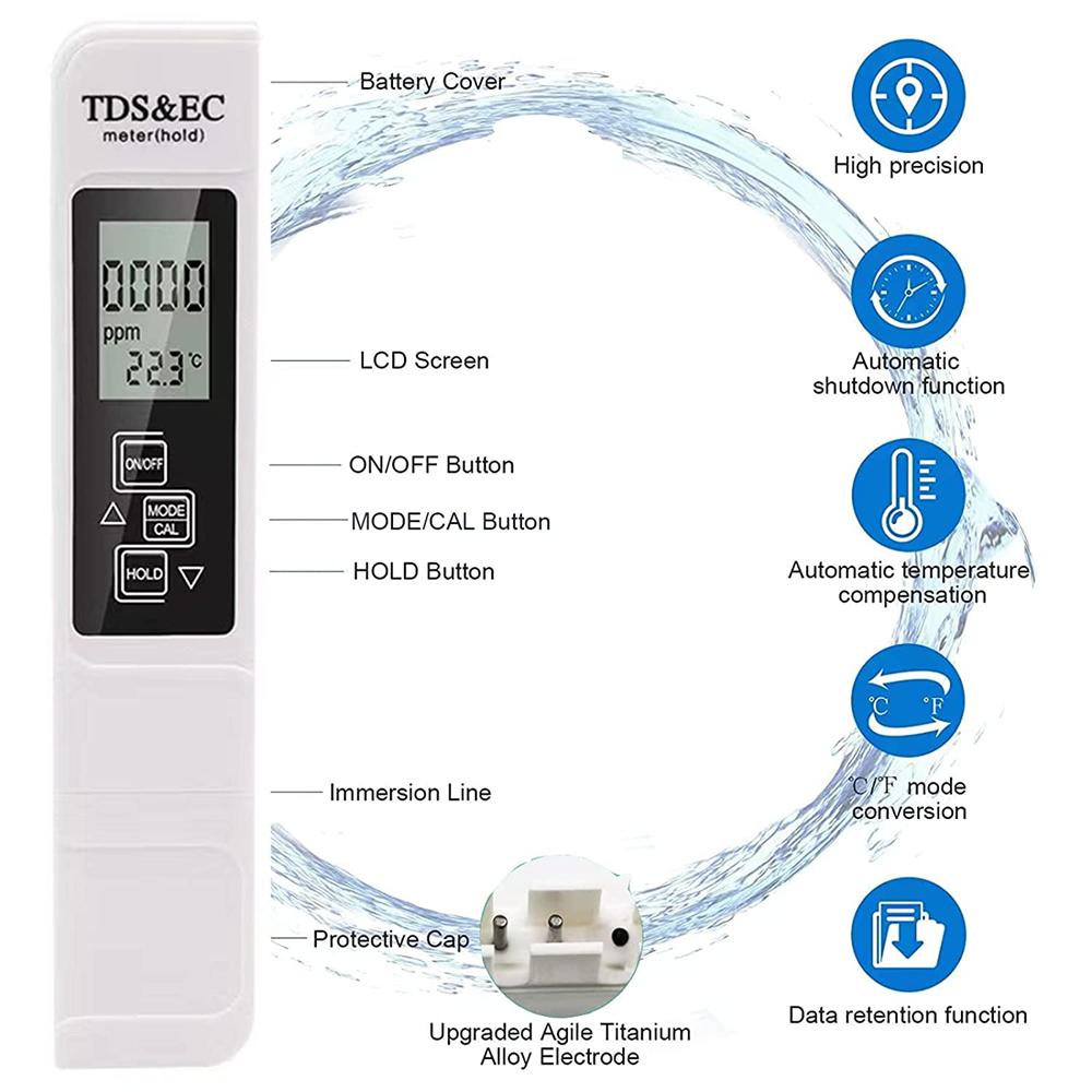 White Digital Water Quality Tester TDS EC Meter Range 0-9990 Multifunctional Water Purity Temperature Meter TEMP PPM Tester