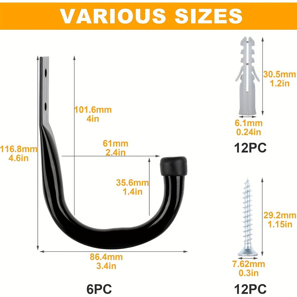 Haki do przechowywania narzędzi garażowych, Haki na rowery, Haki do przechowywania garażowego z pasującymi śrubami