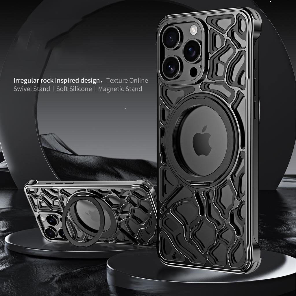 For iPhone 15 Pro Bumper Case Alloy Metal Borderless Back Cover with Magnetic Kickstand