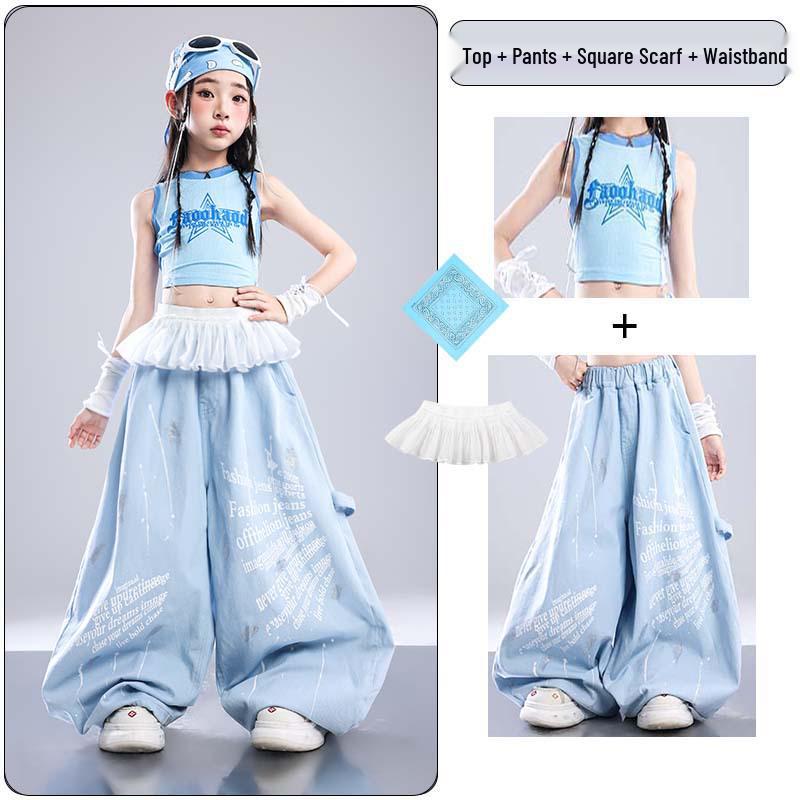Trendy Blue Jazz Dance Costumes for Girls - Fashionable Performance Outfits for Children's Fashion Shows