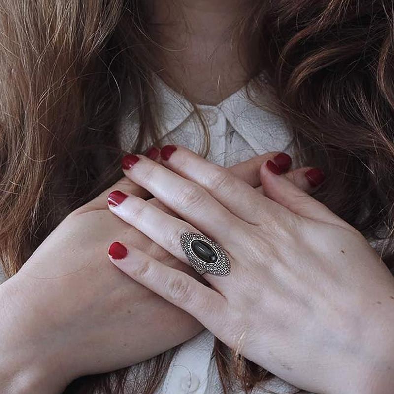 CopperCharming Black Stone Finger Ring Female Luxury Women Anniversary Party Accessories Vintage Style Jewelry