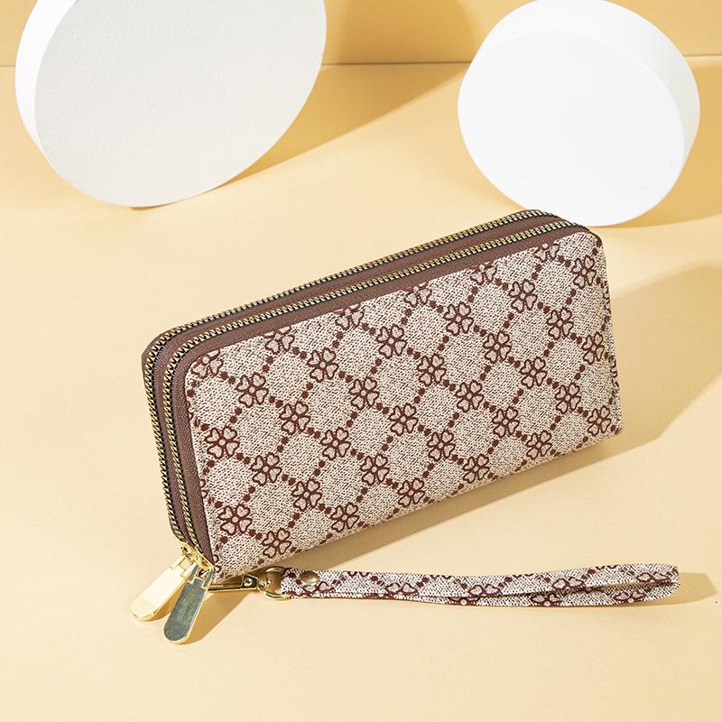 2025 Women s Long-Style Large Capacity Four-Leaf Clover Print Clutch: European  American Double Zipper Double Layer Wallet Phone Bag. света кофе