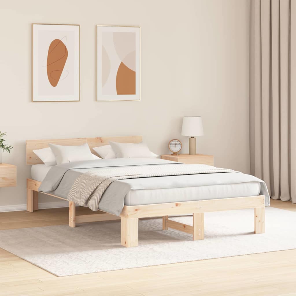 Bed Frame with Headboard Natural Finish 135 X 190 Cm Solid Pine Wood