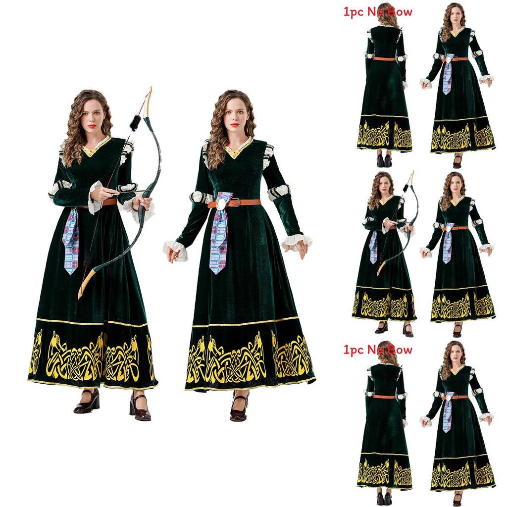 European Medieval Queen Costume With Green Velvet Cotton Fabric For Halloween Cosplay Party