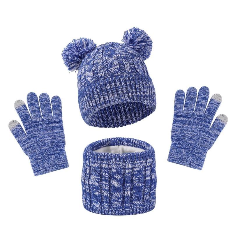 Winter Warm Kids Hat Scarf Gloves Set Thickened Knit Pom 3 In 1 Sets Children Windproof Warmer Neck Protection For Outside