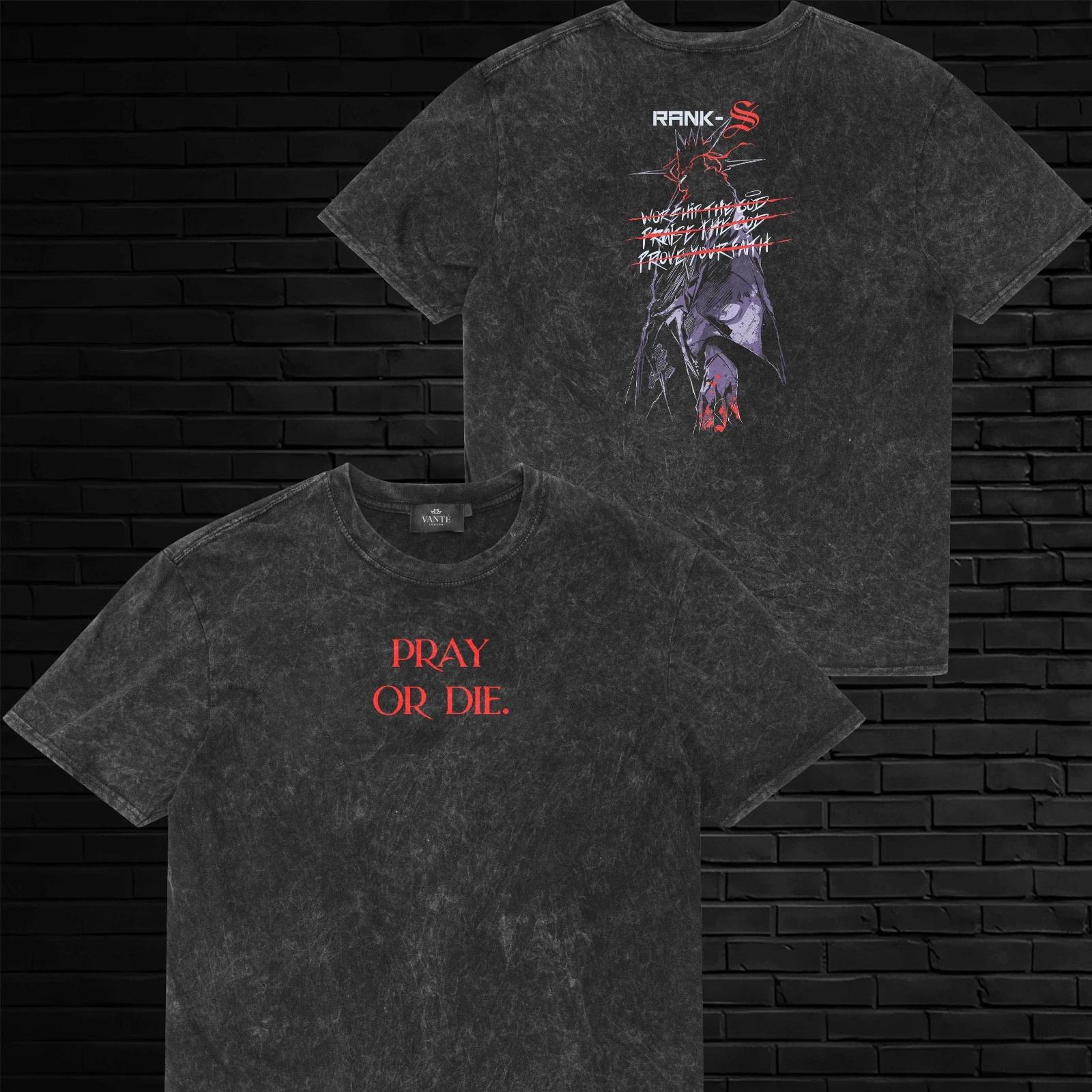 

Sung Jinwoo Pray or Die Anime T-Shirt Solo Leveling Acid Wash Tee 2XL