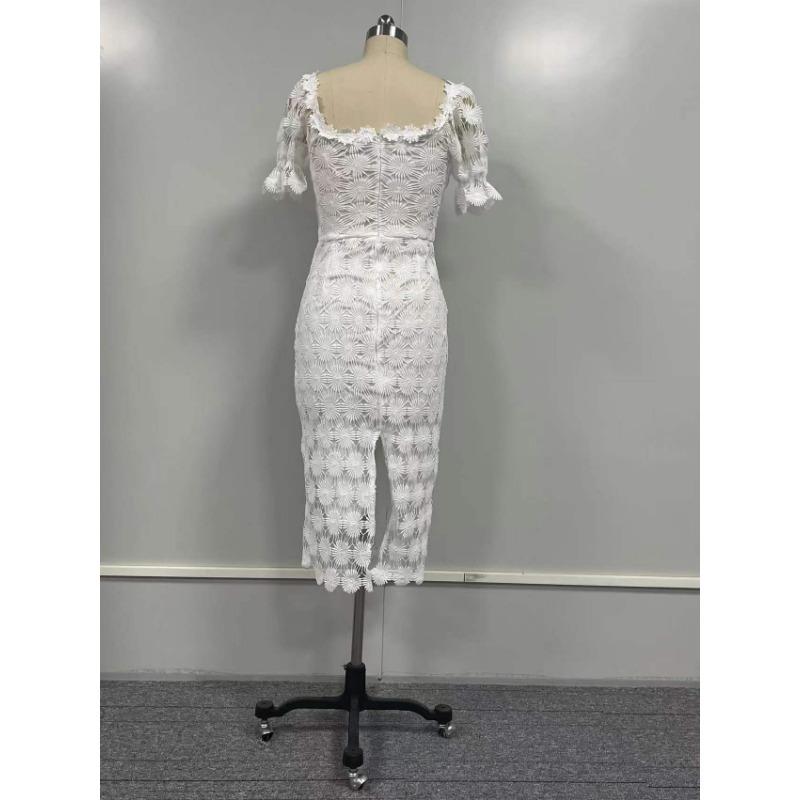 Letní dámské šaty Móda Krajka Temperament Midi Šaty Midi Pas Čistá barva Zavinovačka Odstavec Midi Dlouhé šaty