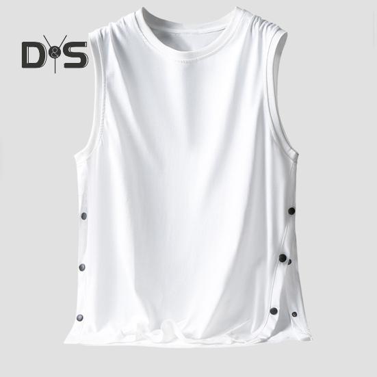 Men Vest Sleeveless Round Neck Loose Fit Tank Tops with Side Buckles Closure Solid Color Casual Tops Summer Wear
