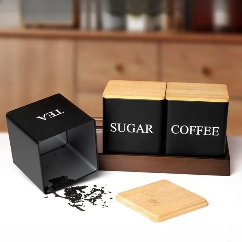 3-Piece Coffee Tea Sugar Storage Canister Set with Tray Kitchen Food Organizer Jars for Coffee Beans Tea Leaves Sugar Kitchen