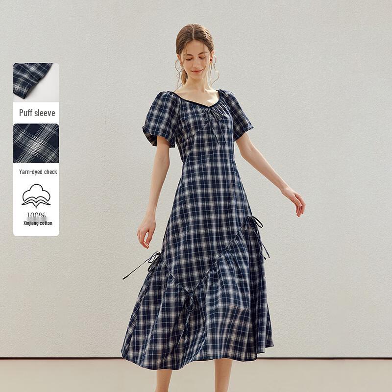 

Женское ретро-платье в клетку с поясом-галстуком и асимметричным кроем из хлопка INMAN M