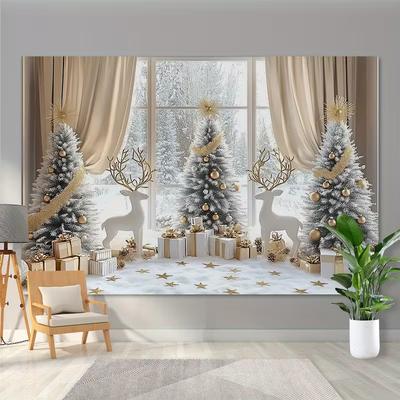 2D Window View Winter Scene Background for Family Photos