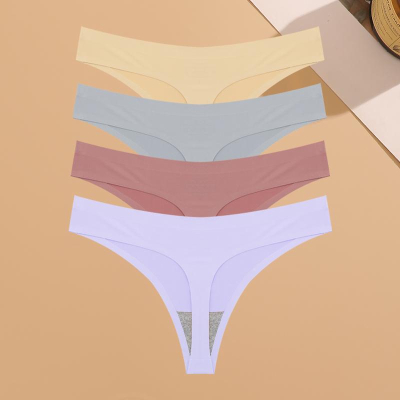 4PCS Ultra-thin Seamless Underwear Women's Invisible Panties Sexy Ice Silk Thongs Low Waist Breathable Bikini Stretchy Lingerie