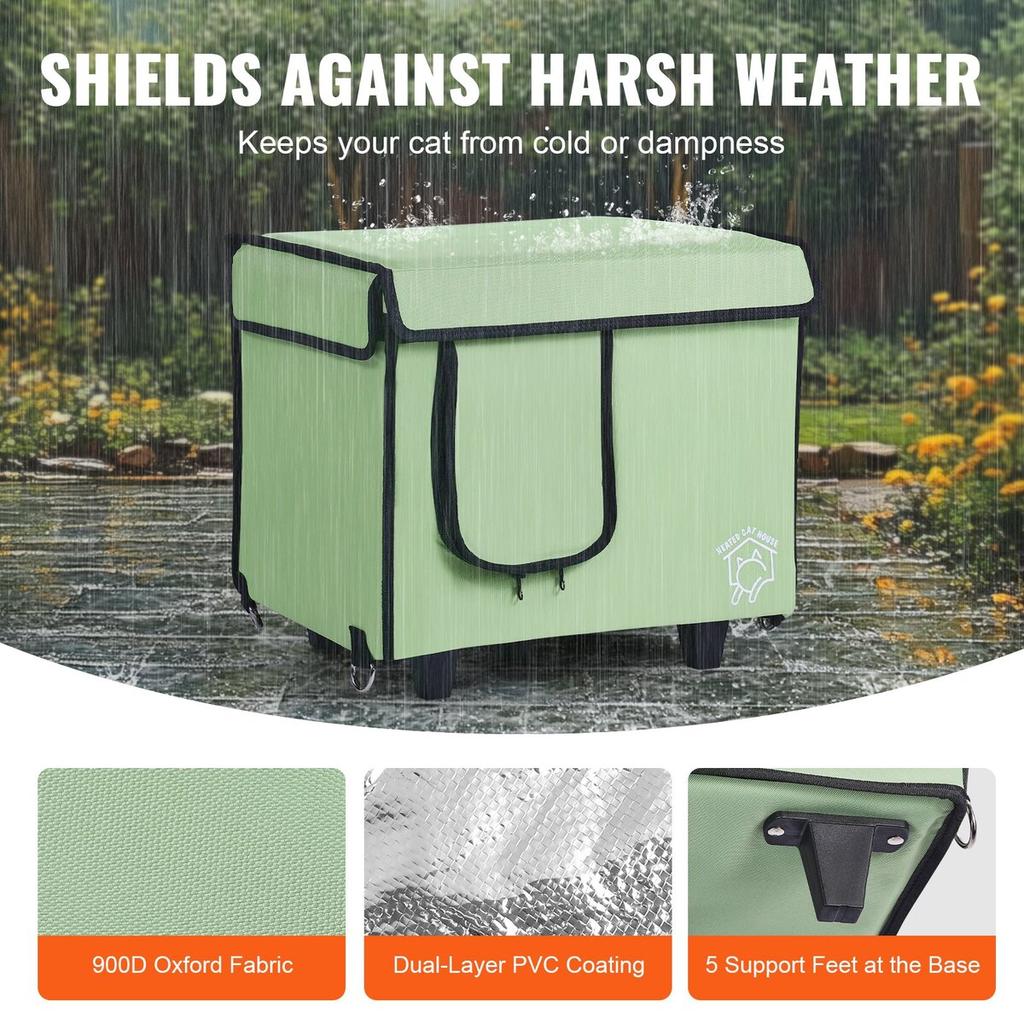 Elevated Heated Cat House Cuboid Kitty Shelter with Heated Pad Green (S)