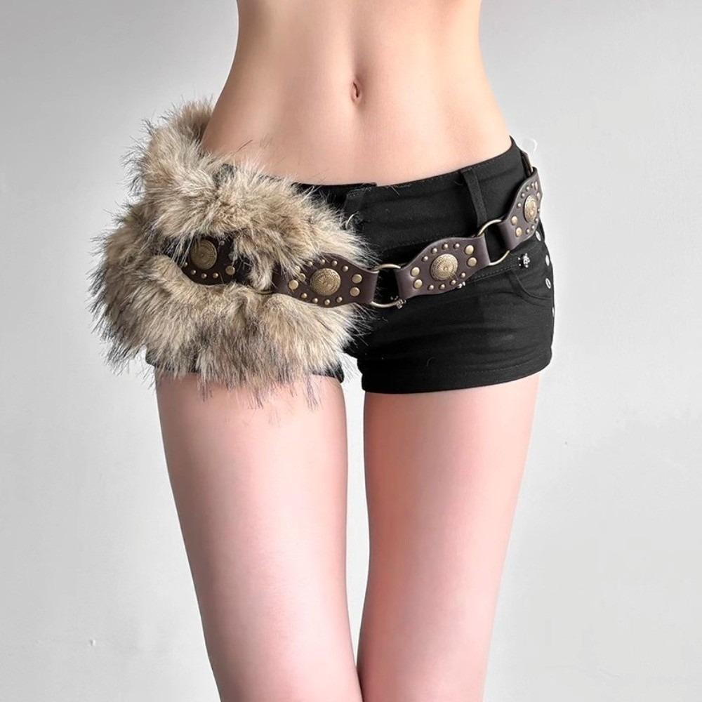 

Punk Waist Chain Studded Design Fur Waistband Fashion PU Leather Fur Belt Hiphop Style 01
