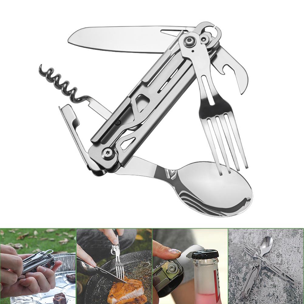 

6 in 1 Multifunctional Camping Cutlery Foldable Portable Outdoor Cutlery EDC Tool Smooth for Picnic Hiking for Travelling BBQ China Mainland