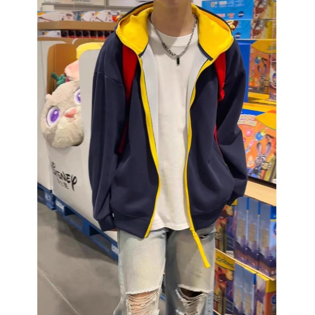 Men's Retro Color Block Hooded Cardigan Sweatshirt for Autumn/Winter