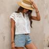 Women White Loose Hollow Out V Neck Short Sleeve Casual Shirt