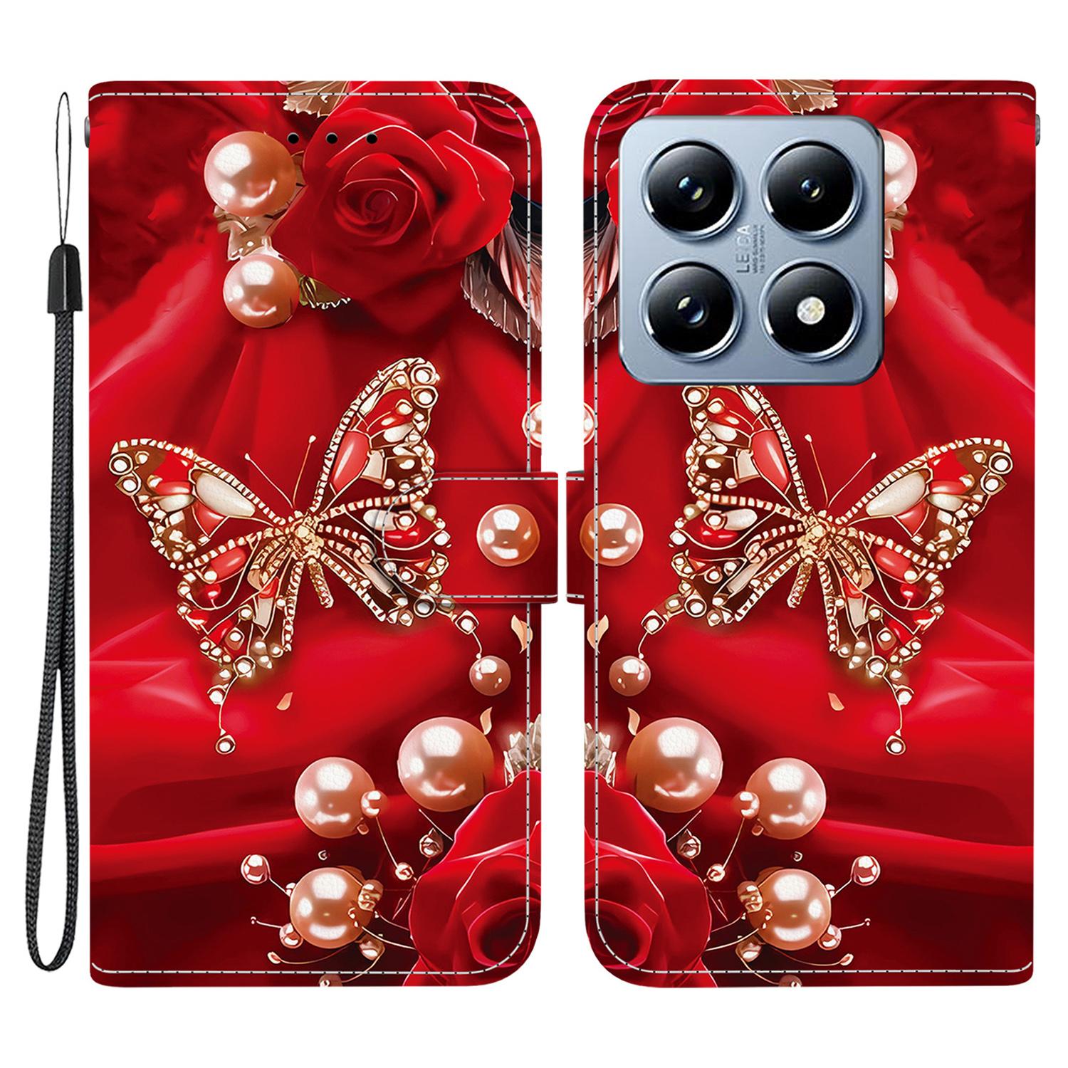 

Для Xiaomi 14T Шкіряний Чохол Підставка Гаманець З Друком Візерунка Чохол для Телефону з Ремінцем на Зап ястя Pearl Butterfly Rose