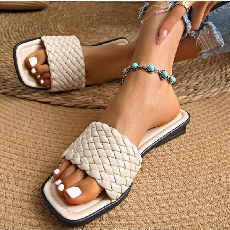 Fashion New Women's Slippers Summer Selling Sexy Braided Red Square Toe Flat Flip-Flops Fashion Beach Mules Casual Indoor Home Slippers
