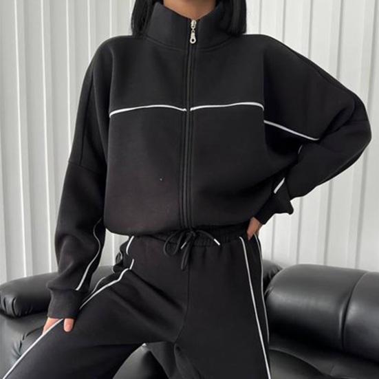 Women Winter 2 Piece Suit Half High Collar Zip Up Long Sleeve Top Elastic Waist Wide Leg Pocket Trousers