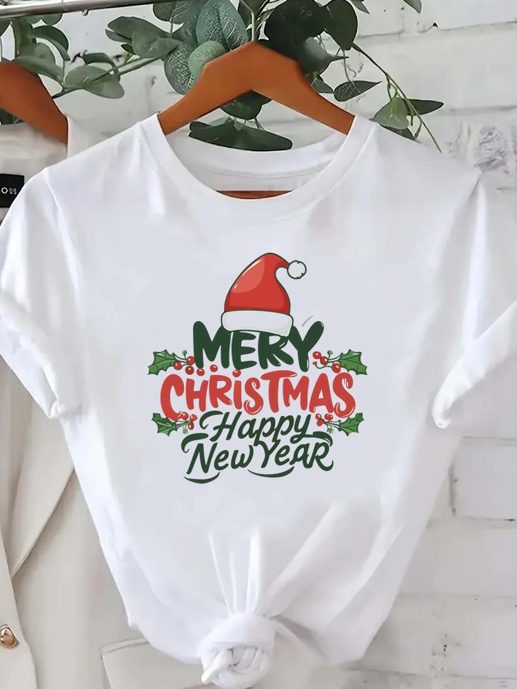 (Asian Size) Short Sleeve T-shirts  Print merry Christmas o-neck festival lovely Women's Top new year T Clothing Fashion holiday Graphic Tee
