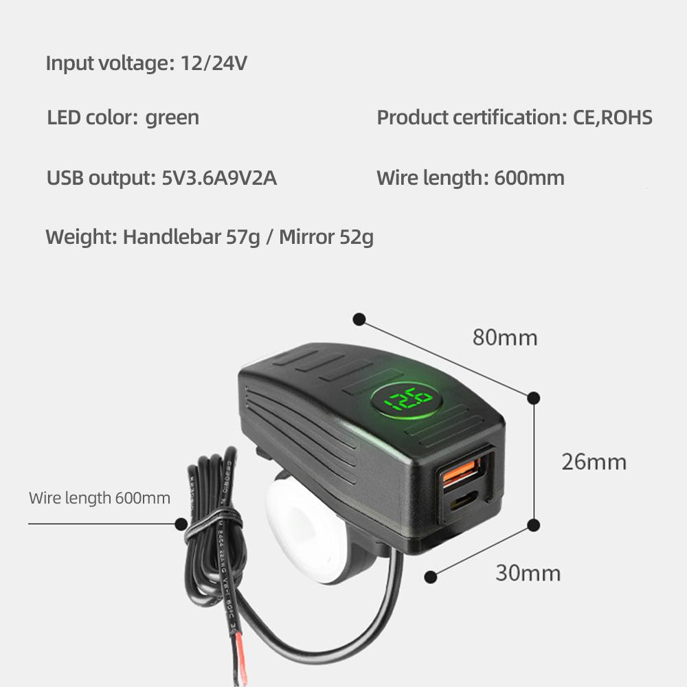 PD+QC3.0 Motorcycle Handlebar Phone Power Adapter Dual USB Socket Quick Charger 36W Digital Voltage Display Waterproof 9V-12V