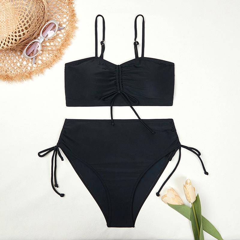 

Женский европейско-американский раздельный купальник бикини без бретелек однотонный 2025 M (50-58 kg) чёрный