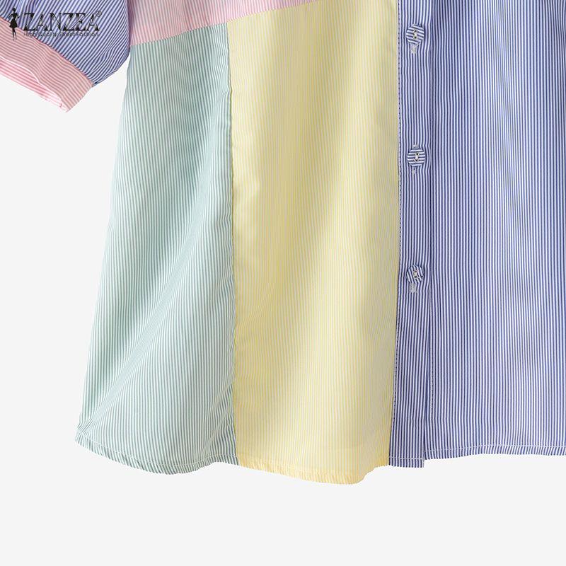 ZANZEA Womens Turn Down Collar Short Sleeve Patchwork Stripe Blouse