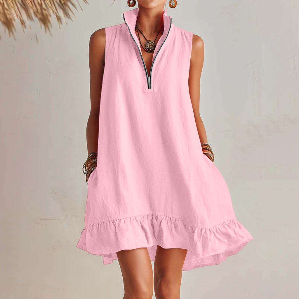 Women's Sleeveless V Neck Zip Front Summer Dress Loose Fit Ruffle Hem Casual Lightweight Linen Mini Dress