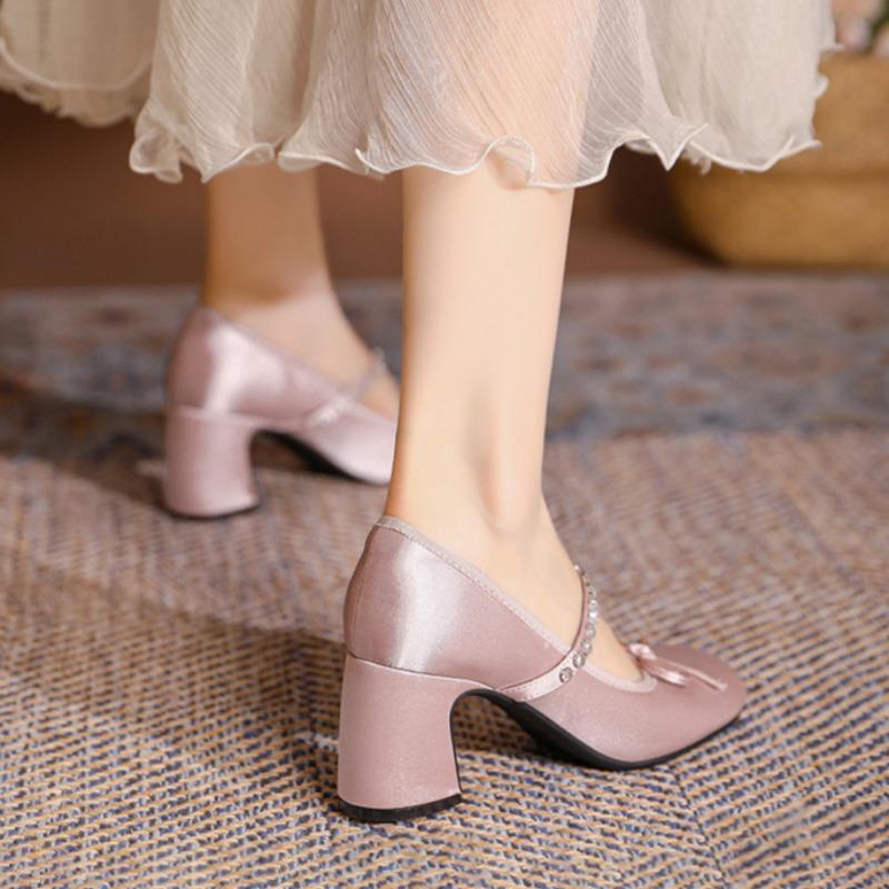 Søt sløyfe Høye hæler Rhinestones En-stropp Damesko Rund tå Mary Jane-sko