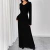 Independent Style European & American Solid Color Ribbed V-Neck Single-Breasted Long Dress for Women - Autumn/Winter Collection