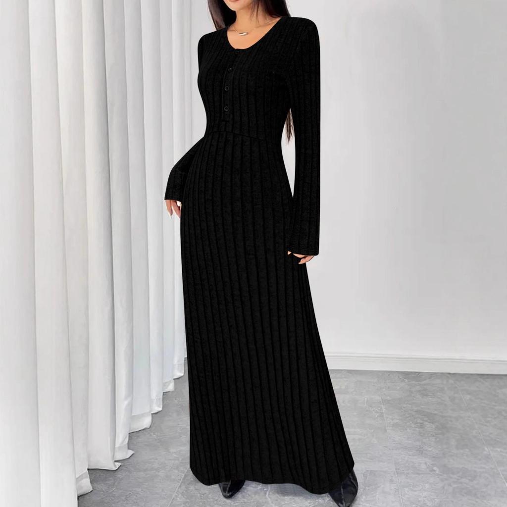 Independent Style European & American Solid Color Ribbed V-Neck Single-Breasted Long Dress for Women - Autumn/Winter Collection