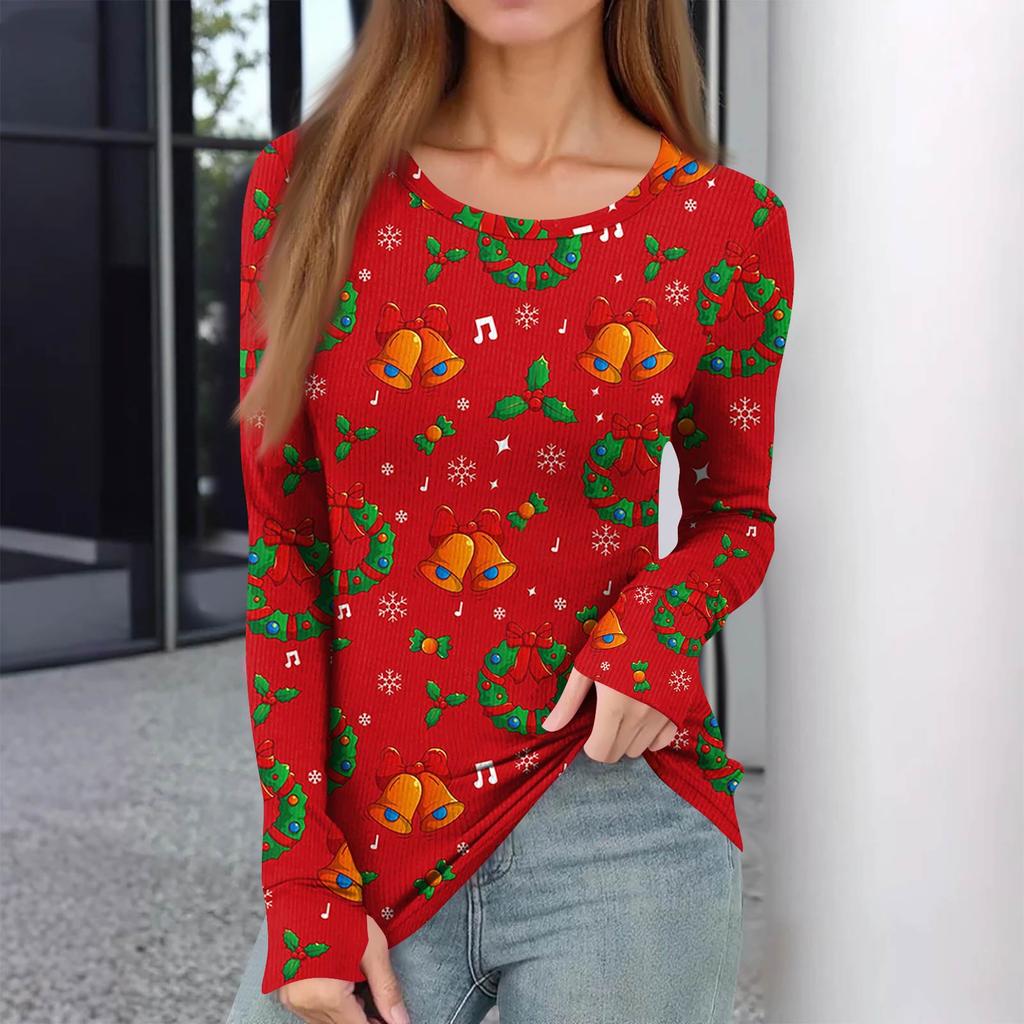 Women's Winter Slim Bottom T-shirt Fashion Casual Gradient Printing Round Neck Pullover Long Sleeve Top