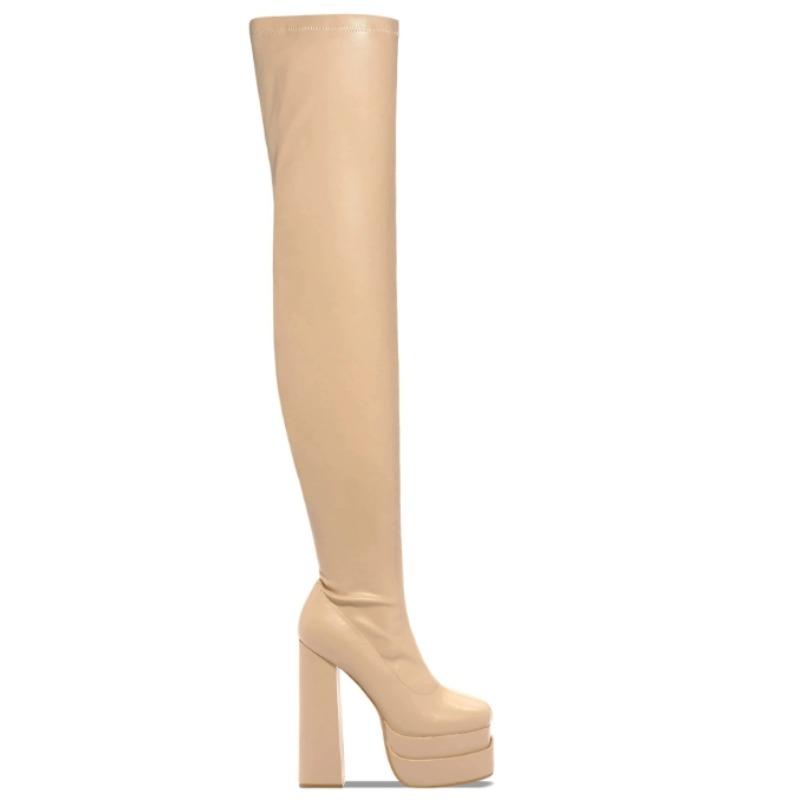 Fall Women Red Burgundy Black Apricot Solid Square Toe Double Platform Slim Hidden Zipper Chunky Heels Over The Knee Boots Shoes