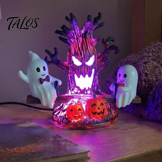 Cute Ghost Seesaw Figurine for Halloween Animated Light, USB Powered 3D Night LED Lightweight Ornament Lamp with Spooky Tree And Pumpkin Design, Decor
