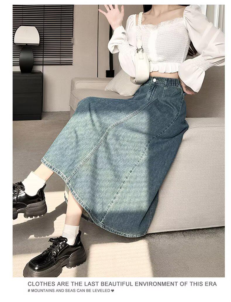 

Джинсовая юбка А-силуэта средней длины с завышенной талией, выстиранная синяя - Коллекция Лето 2025 для миниатюрных женщин 5XL светло-синий