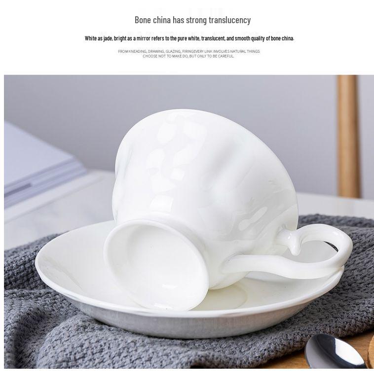 English Style White Ceramic Coffee Set: 7-Piece Bone China Cup, Pot, Saucer & Spoon.