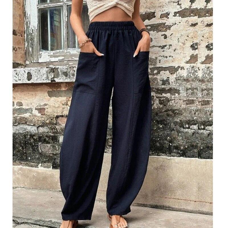 Pantaloni Dritti Casual Monocolore con Elastico in Vita e Tasche da Donna Moda Estiva Larghi Pantaloni da Donna Pantalon