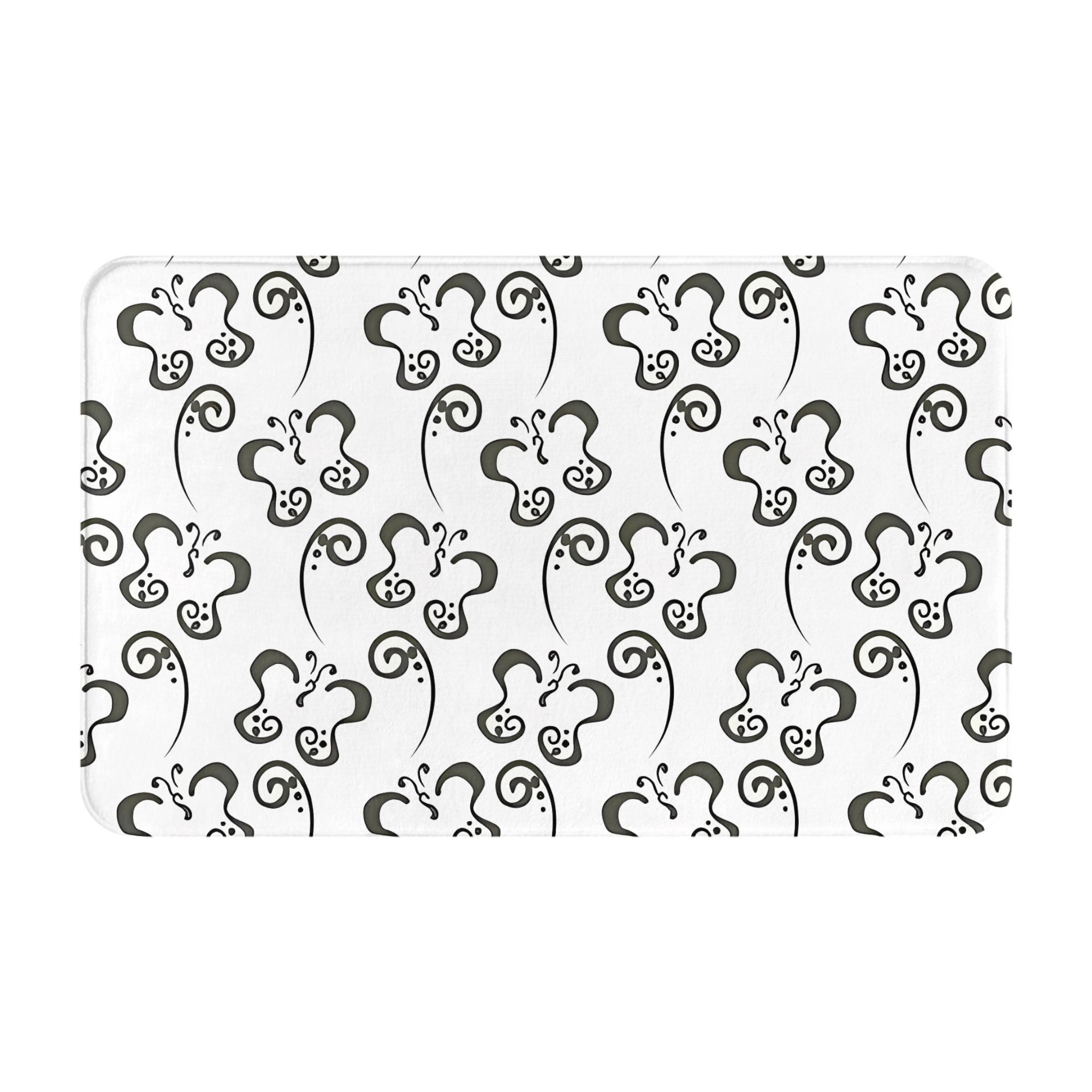Black and white abstract pattern mat, swirl and heart elements on white background, carpet for interior home decoration 40x60cm