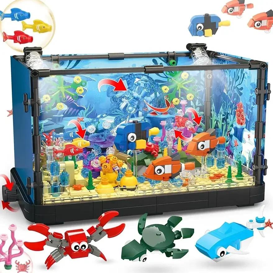 Fish Tank Decoration Lighting Aquarium Building Block Set For Adults And Kids Ocean Jellyfish Turtle Animal Building Toys
