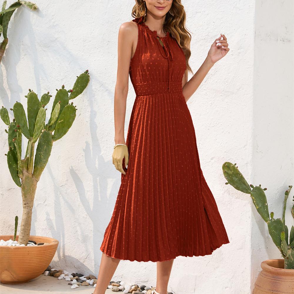 GMXIA New Style Tie High Waist Pleated Hair Ball Dress Sleeveless Summer Dress Casual Vacation Travel Skirt