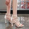Rivet High Heel Sandals Women Summer Shoes Fashion Open Toe Sexy Black Sandalias Hollow Out 10cm Thin Heel Sandales Femmes 2024