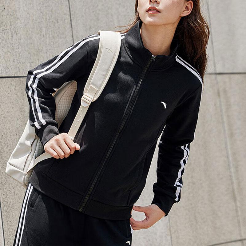 Anta Training Series Striped Logo Stand Collar Long Sleeve Jacket And Pants Casual Sports Set Women Sports Set Basic-Black 962347201-1