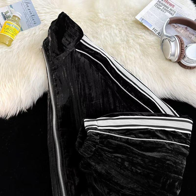 Jesienna Stylowa Bluza w Paski ze Złotego Weluru Dwuczęściowy Sportowy Garnitur dla Par dla Mężczyzn