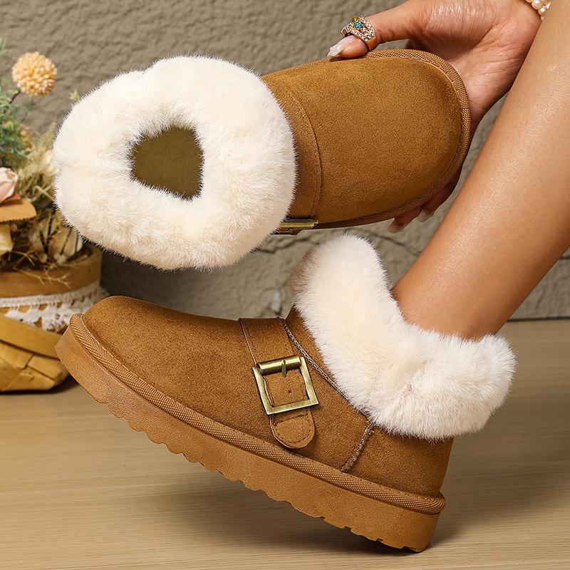 

Fashion Winter Warm Plush Snow Boots for Women Flat Heels Fluffy Faux Fur Ankle Boots Woman Buckle Strap Decor Comfortable Cotton Shoes 41 верблюд