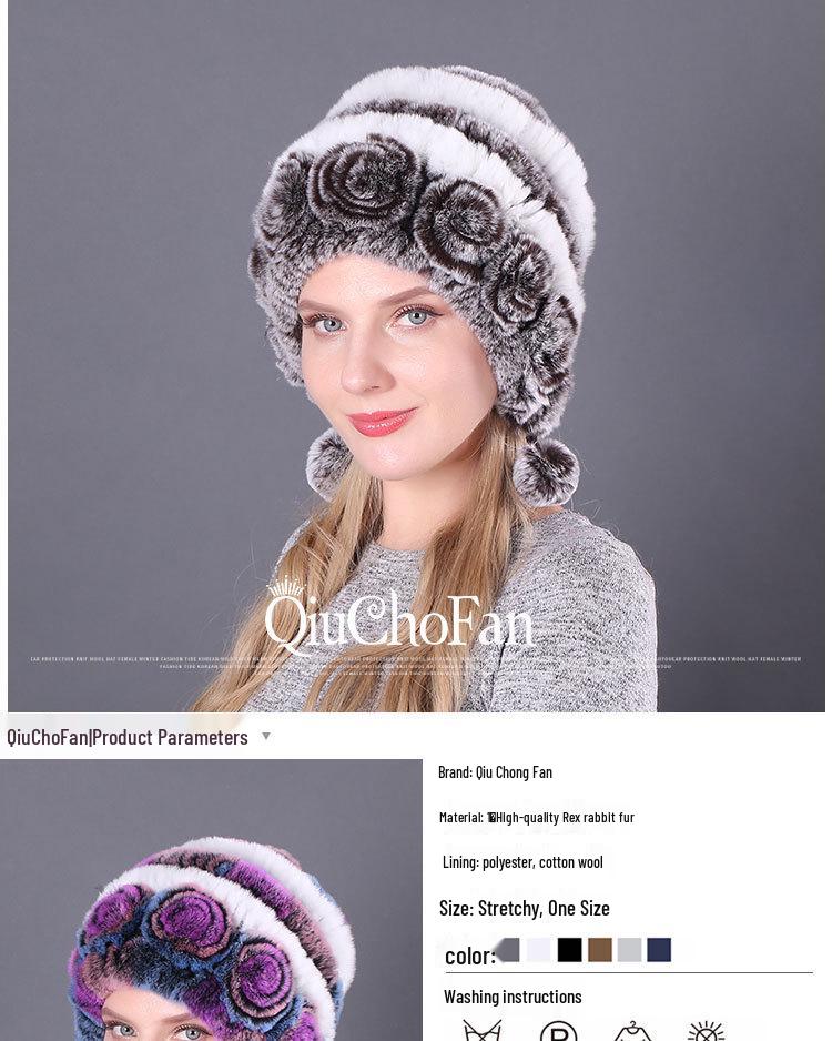 Women's Warm Rex Rabbit Fur Hat with Ear Protection and Pom-Poms