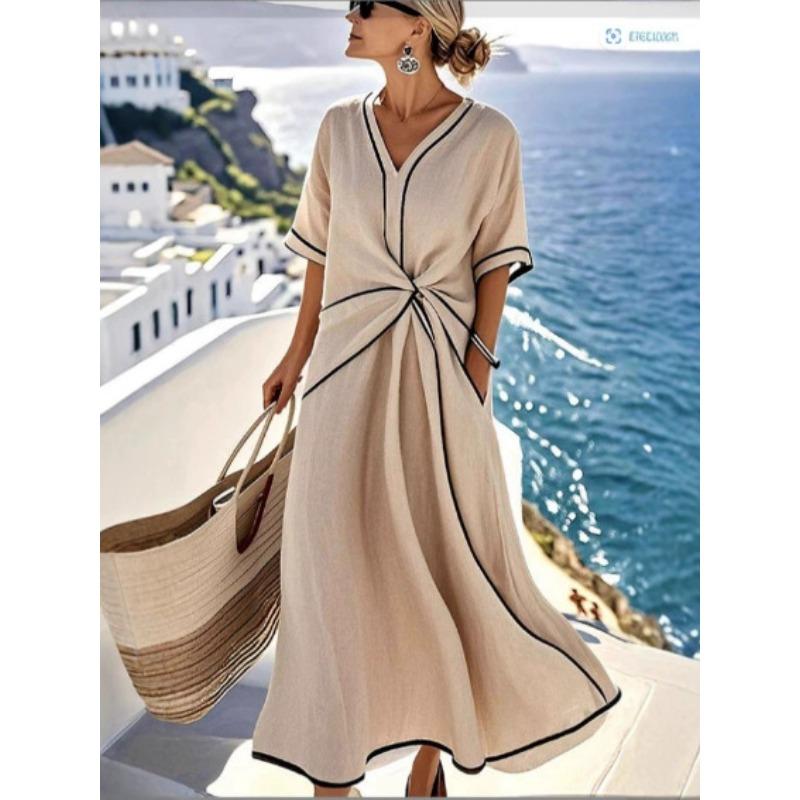 Women s V Neck Short Sleeve Twisted Waist Striped Linen Blend Maxi Dress S абрикосовый