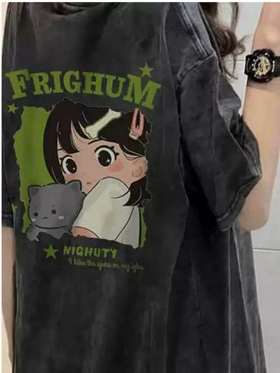 

Женская футболка больших размеров с коротким рукавом в стиле ретро с эффектом стирки - Тренд лета 2025, Рукав до локтя, Гонконгский стиль XXL (130-145 jin) промывают черный