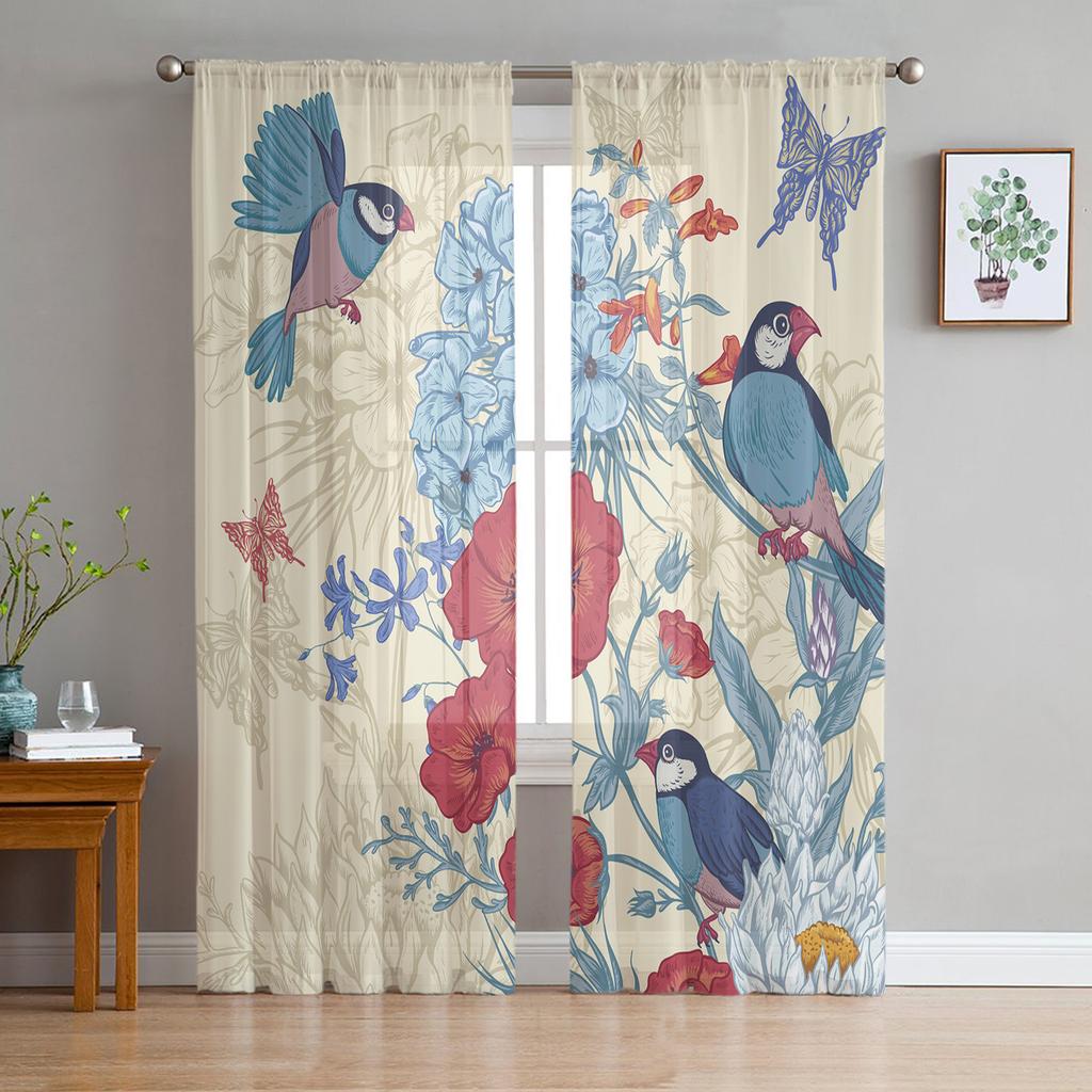 Vintage Flowers And Birds Tulle Curtains for Living Room Bedroom Decoration Transparent Chiffon Sheer Voile Window Curtain